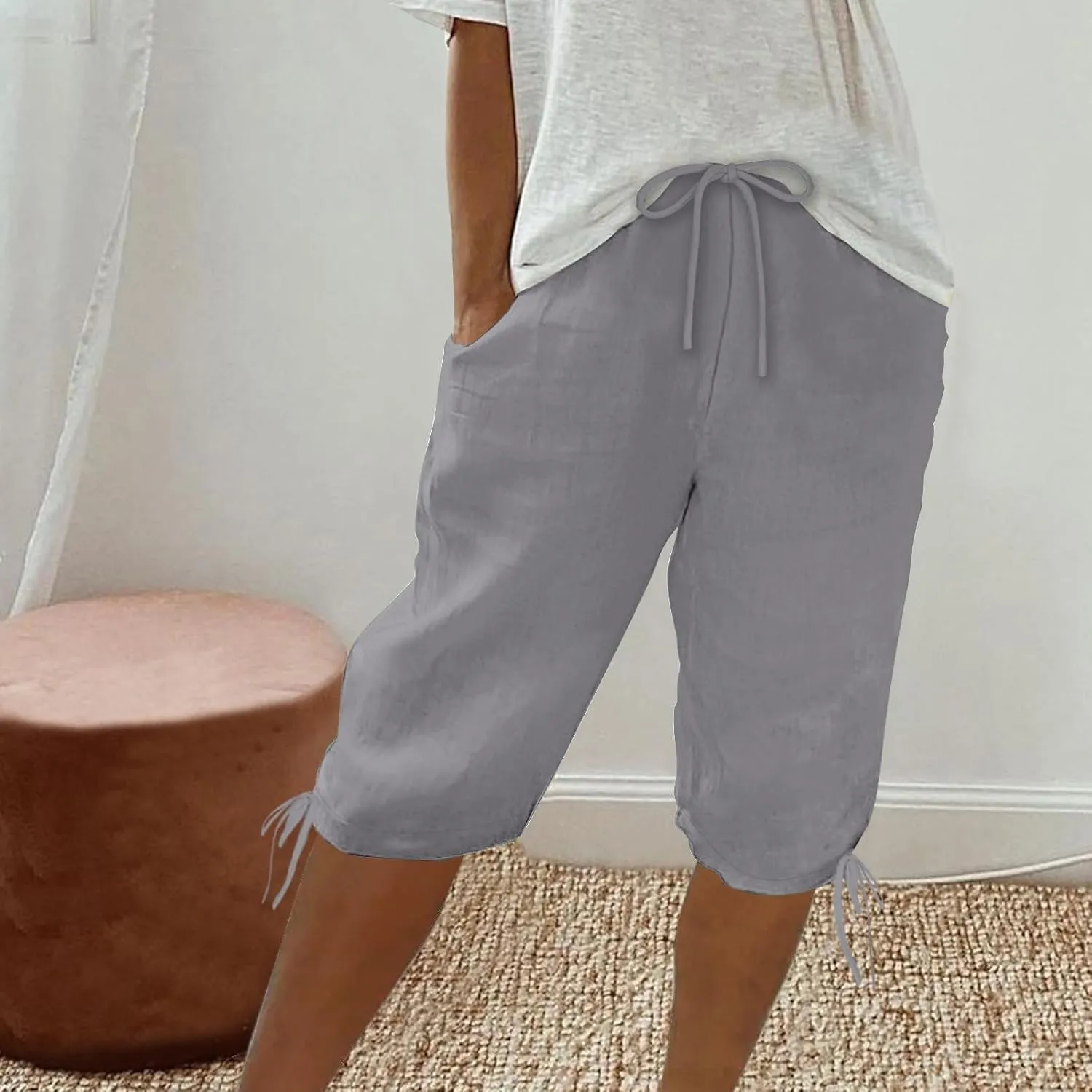 hlysgo Bermuda Shorts for Women High Waisted Drawstring Cotton Linen Casual Shorts Summer Knee Length Shorts with Pockets