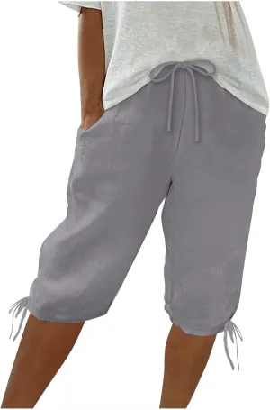 hlysgo Bermuda Shorts for Women High Waisted Drawstring Cotton Linen Casual Shorts Summer Knee Length Shorts with Pockets
