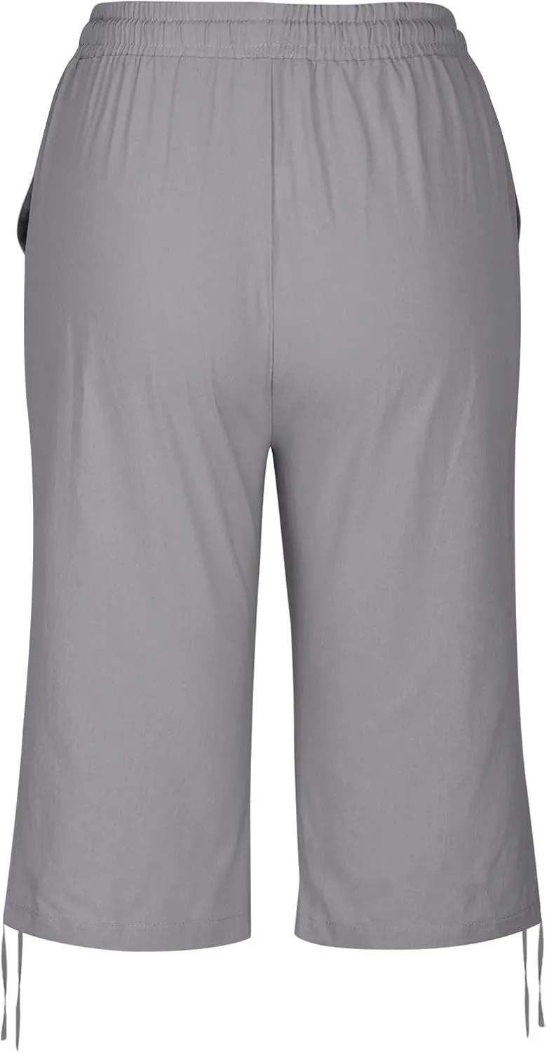 hlysgo Bermuda Shorts for Women High Waisted Drawstring Cotton Linen Casual Shorts Summer Knee Length Shorts with Pockets