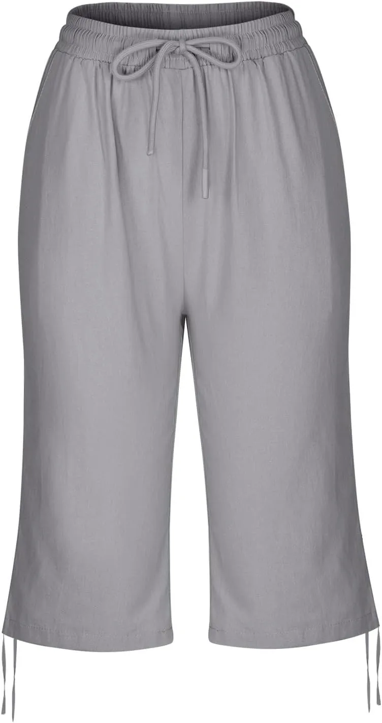 hlysgo Bermuda Shorts for Women High Waisted Drawstring Cotton Linen Casual Shorts Summer Knee Length Shorts with Pockets