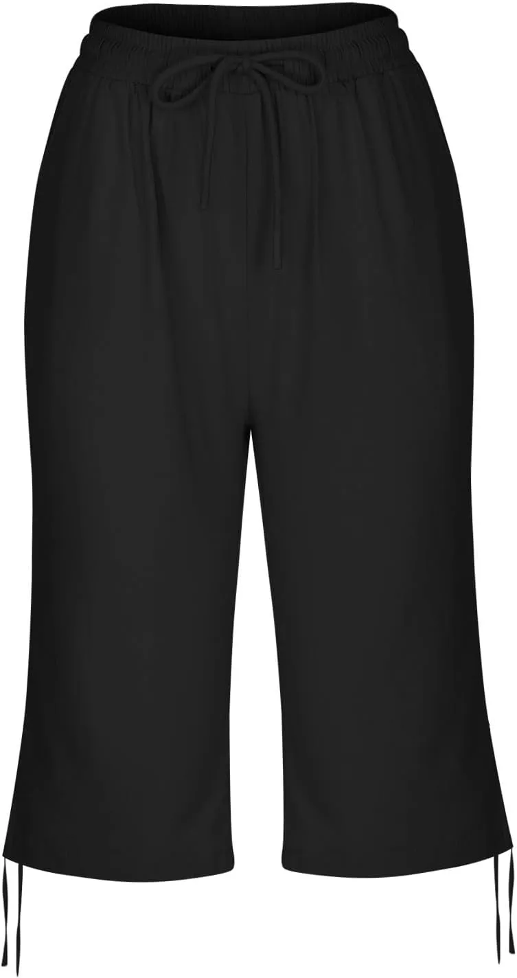 hlysgo Bermuda Shorts for Women High Waisted Drawstring Cotton Linen Casual Shorts Summer Knee Length Shorts with Pockets