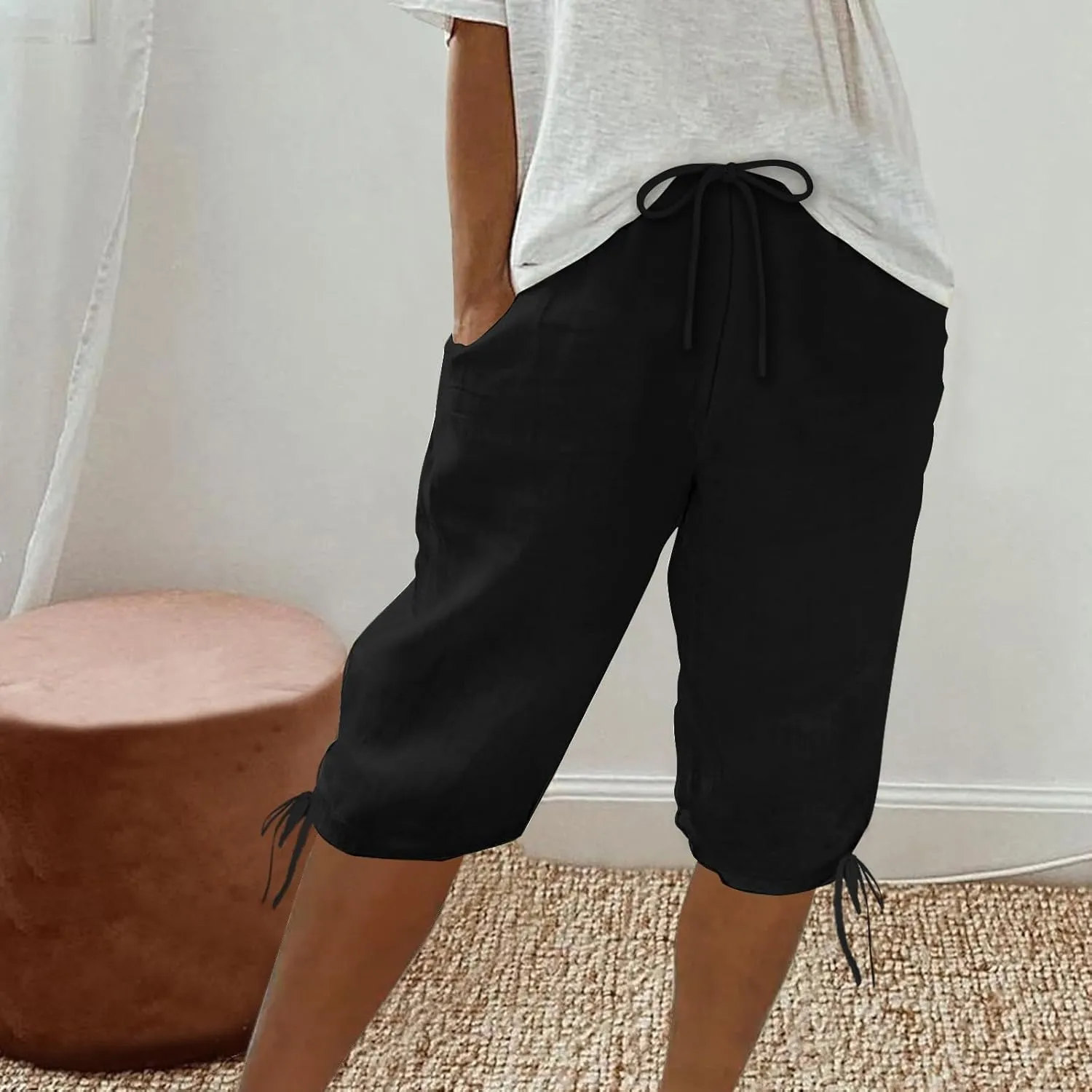 hlysgo Bermuda Shorts for Women High Waisted Drawstring Cotton Linen Casual Shorts Summer Knee Length Shorts with Pockets