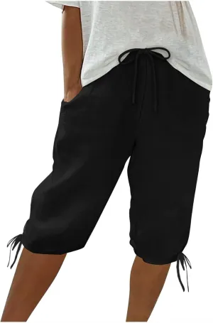 hlysgo Bermuda Shorts for Women High Waisted Drawstring Cotton Linen Casual Shorts Summer Knee Length Shorts with Pockets