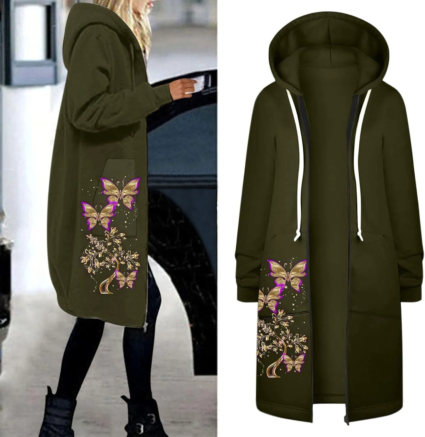 Hoodies for Women Fashion Print Hooded Jackets Sweatshirt Basic Zip up Jersey Jacket Long Sleeve Top with Pockets