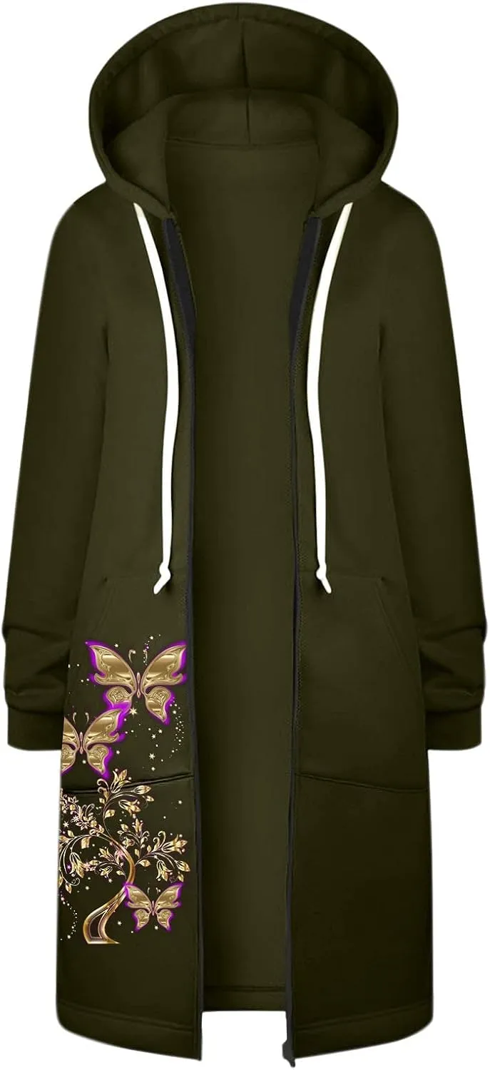 Hoodies for Women Fashion Print Hooded Jackets Sweatshirt Basic Zip up Jersey Jacket Long Sleeve Top with Pockets
