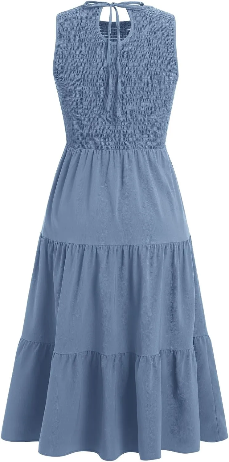 IDOPIP Women's Smocked Ruffle Dress Summer Casual Maxi Dresses with Pockets 2024 Spring Sleeveless Tiered Long Beach Sundress