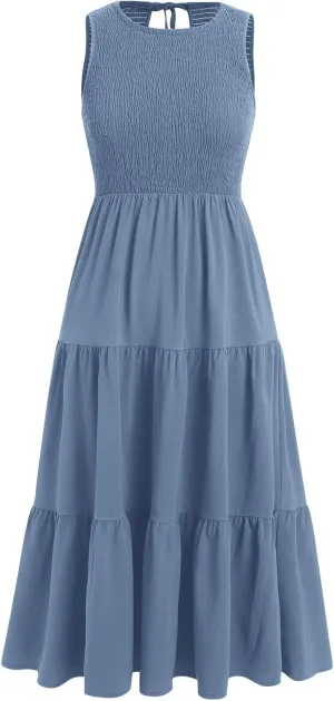 IDOPIP Women's Smocked Ruffle Dress Summer Casual Maxi Dresses with Pockets 2024 Spring Sleeveless Tiered Long Beach Sundress