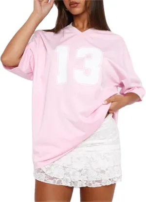 Jersey Shirts for Women Y2k Oversized Number Graphic V Neck Short Sleeve Jersey T-Shirt Blokecore Aesthetic Streetwear
