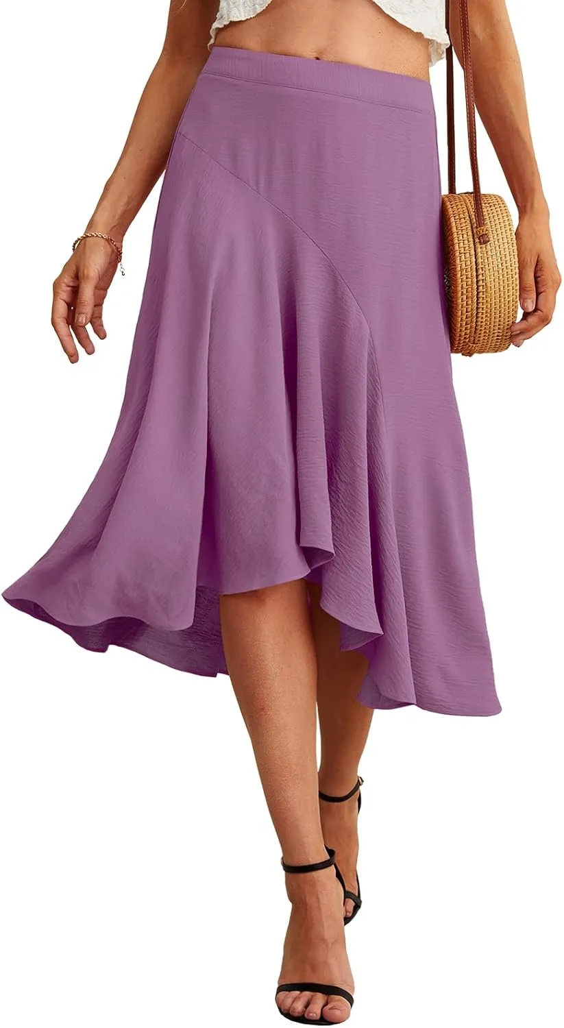 JINKESI Women's Midi Skirt Elegant Flowy Ruffle High Waist Summer Casual High Low Midi Skirts