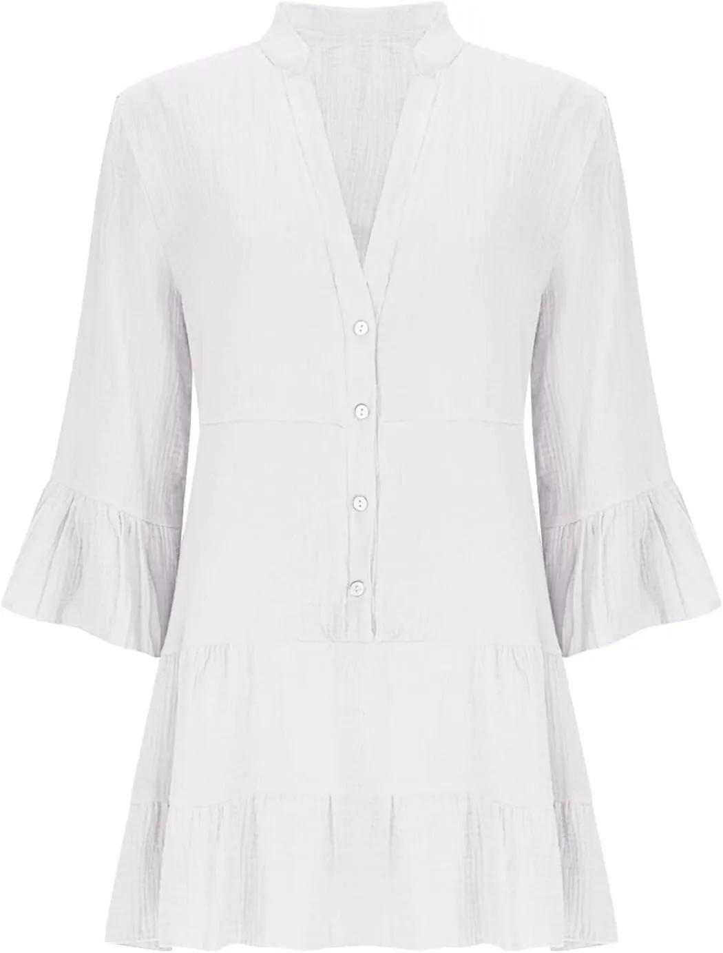 JOAU Women Summer 3/4 Bell Sleeve Button Mini Shirt Dress V Neck Swing Tiered Ruffle A Line Casual Beach Vacation Dresses