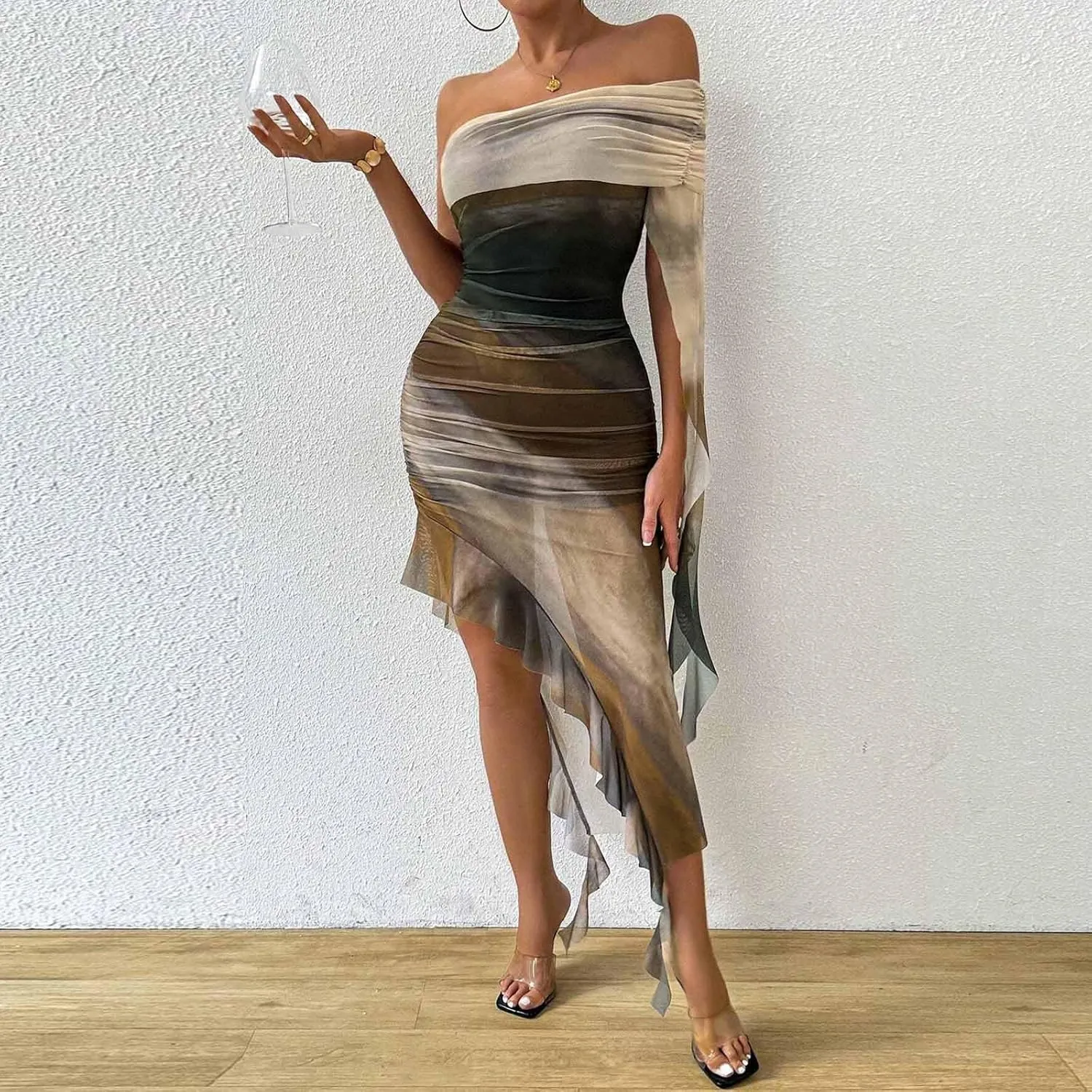 JOAU Women's Tie Dye Mesh Irregular Ruffle Trim Bodycon Dress One Shoulder Short Sleeve Bodycon Cocktail Party Midi Dresses