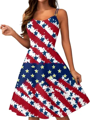July 4Th Dresses Women Midi Red White and Blue Dress Sleeveless Patriotic Dresses Holiday Festival Party Dress