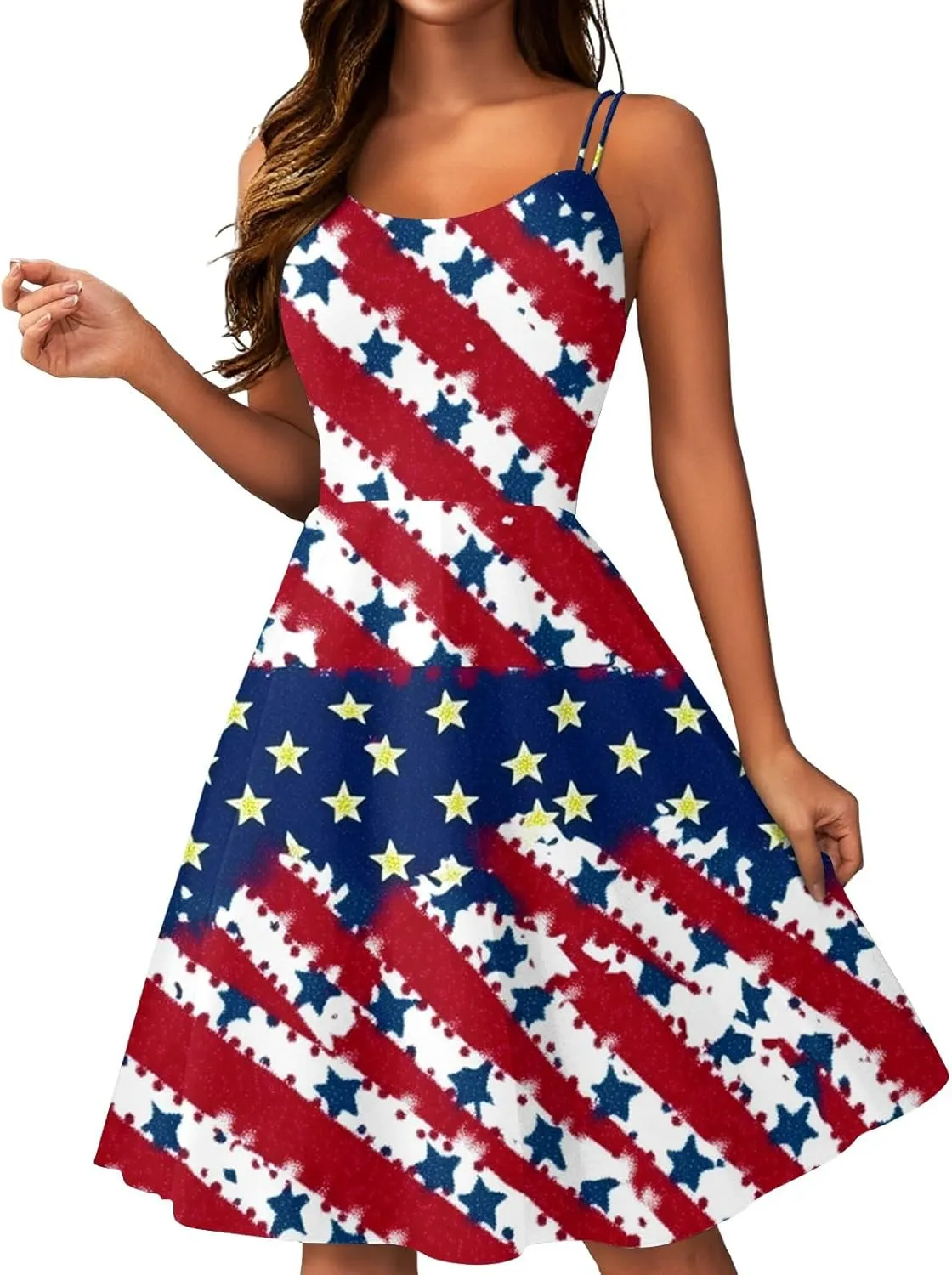 July 4Th Dresses Women Midi Red White and Blue Dress Sleeveless Patriotic Dresses Holiday Festival Party Dress
