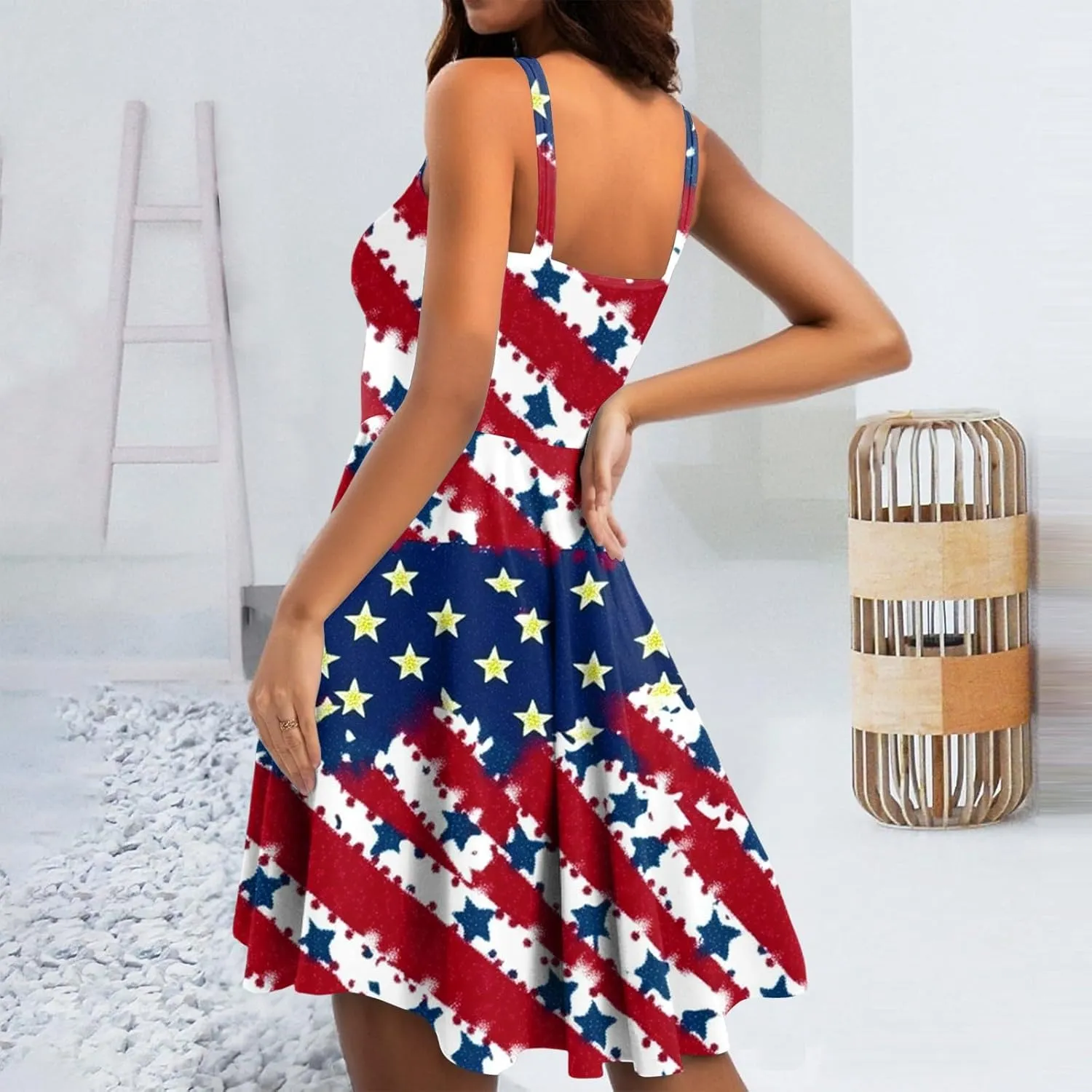 July 4Th Dresses Women Midi Red White and Blue Dress Sleeveless Patriotic Dresses Holiday Festival Party Dress