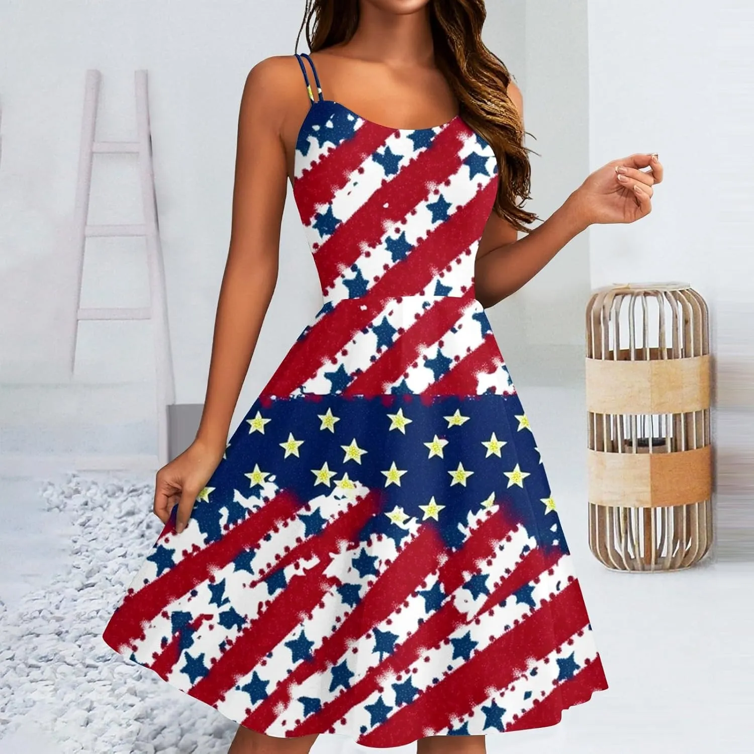 July 4Th Dresses Women Midi Red White and Blue Dress Sleeveless Patriotic Dresses Holiday Festival Party Dress