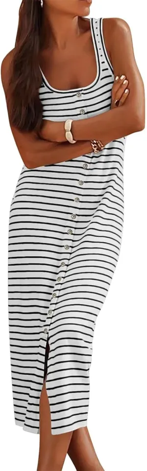 Kubbon Maxi Dresses for Women Sleeveless Striped T Shirt Midi Dress U Neck Bodycon Dresses Side Slit Long Tank Dress