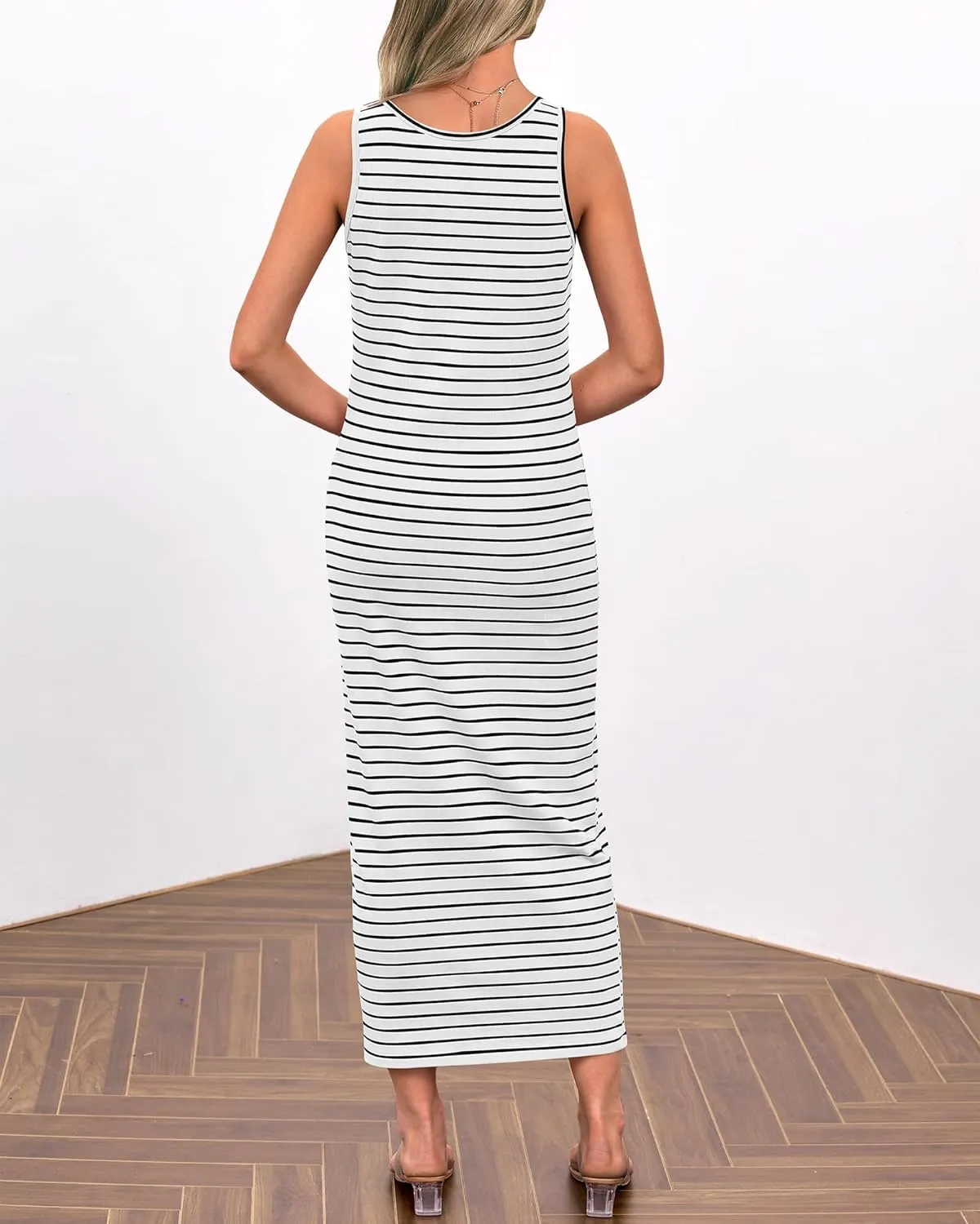 Kubbon Maxi Dresses for Women Sleeveless Striped T Shirt Midi Dress U Neck Bodycon Dresses Side Slit Long Tank Dress