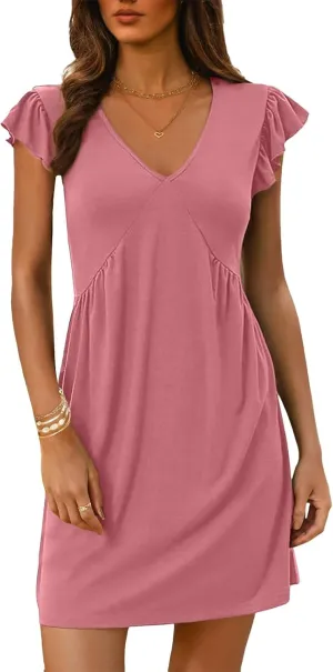 Kubbon Summer Dresses for Women Ruffle Sleeve V Neck Sundress Casual Loose V Neck Short Dress Travel Vacation Beach Dresses