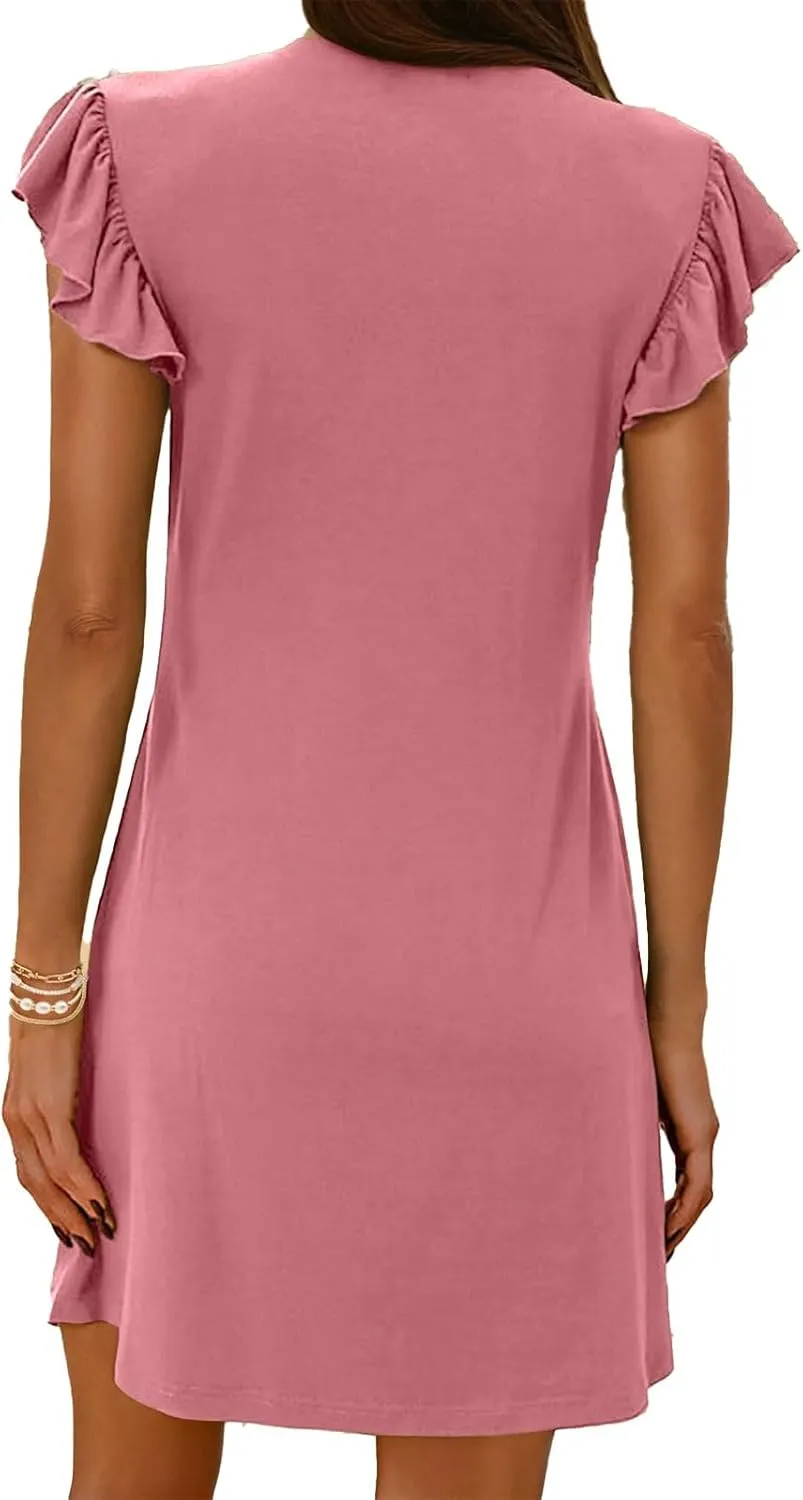 Kubbon Summer Dresses for Women Ruffle Sleeve V Neck Sundress Casual Loose V Neck Short Dress Travel Vacation Beach Dresses