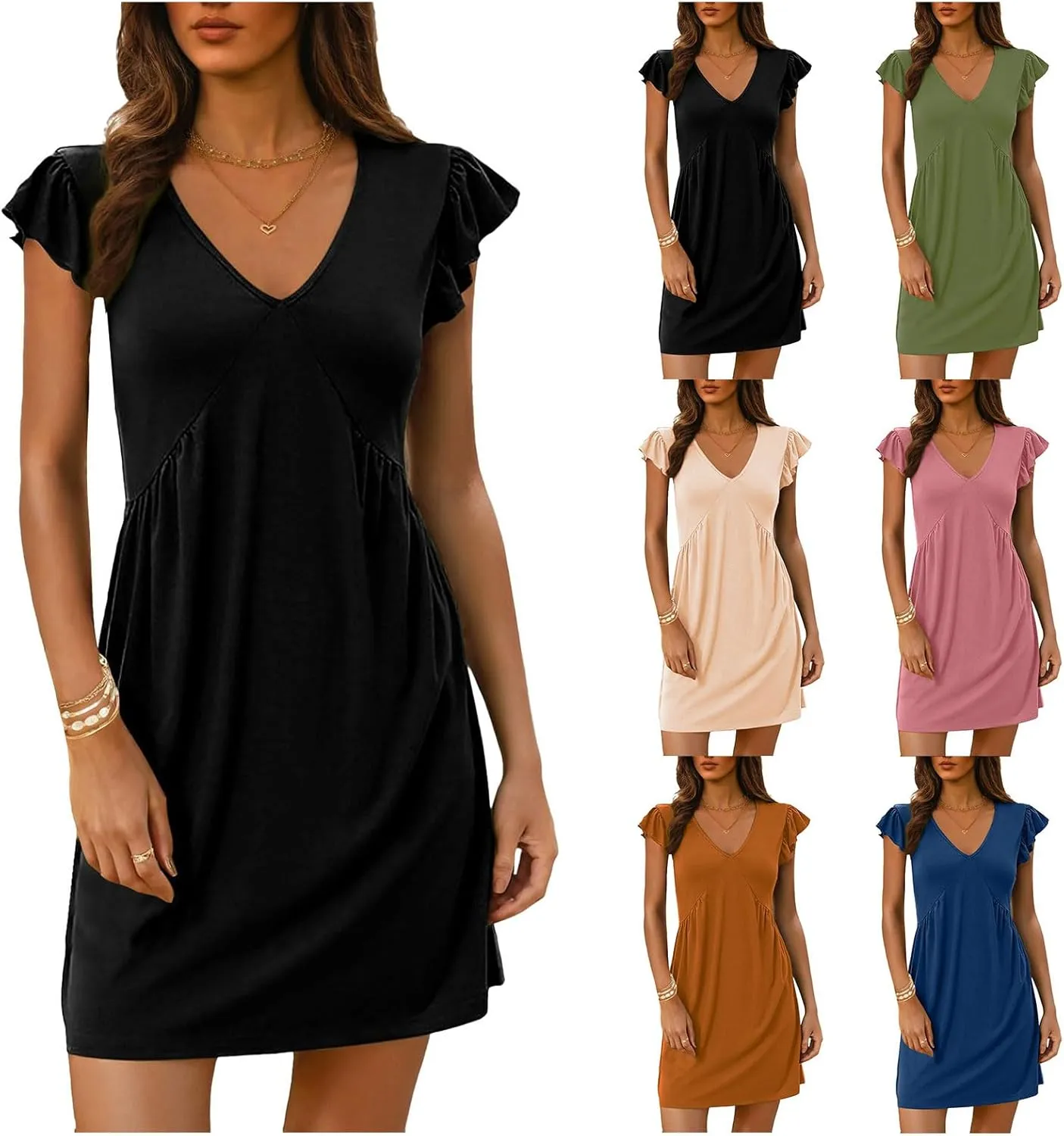 Kubbon Summer Dresses for Women Ruffle Sleeve V Neck Sundress Casual Loose V Neck Short Dress Travel Vacation Beach Dresses