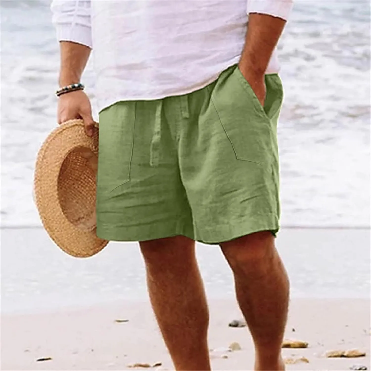 Linen Shorts for Men 11 Inch 3D Coconut Tree Printed Beach Trendy Shorts White Linen Shorts Men Big and Tall Mens