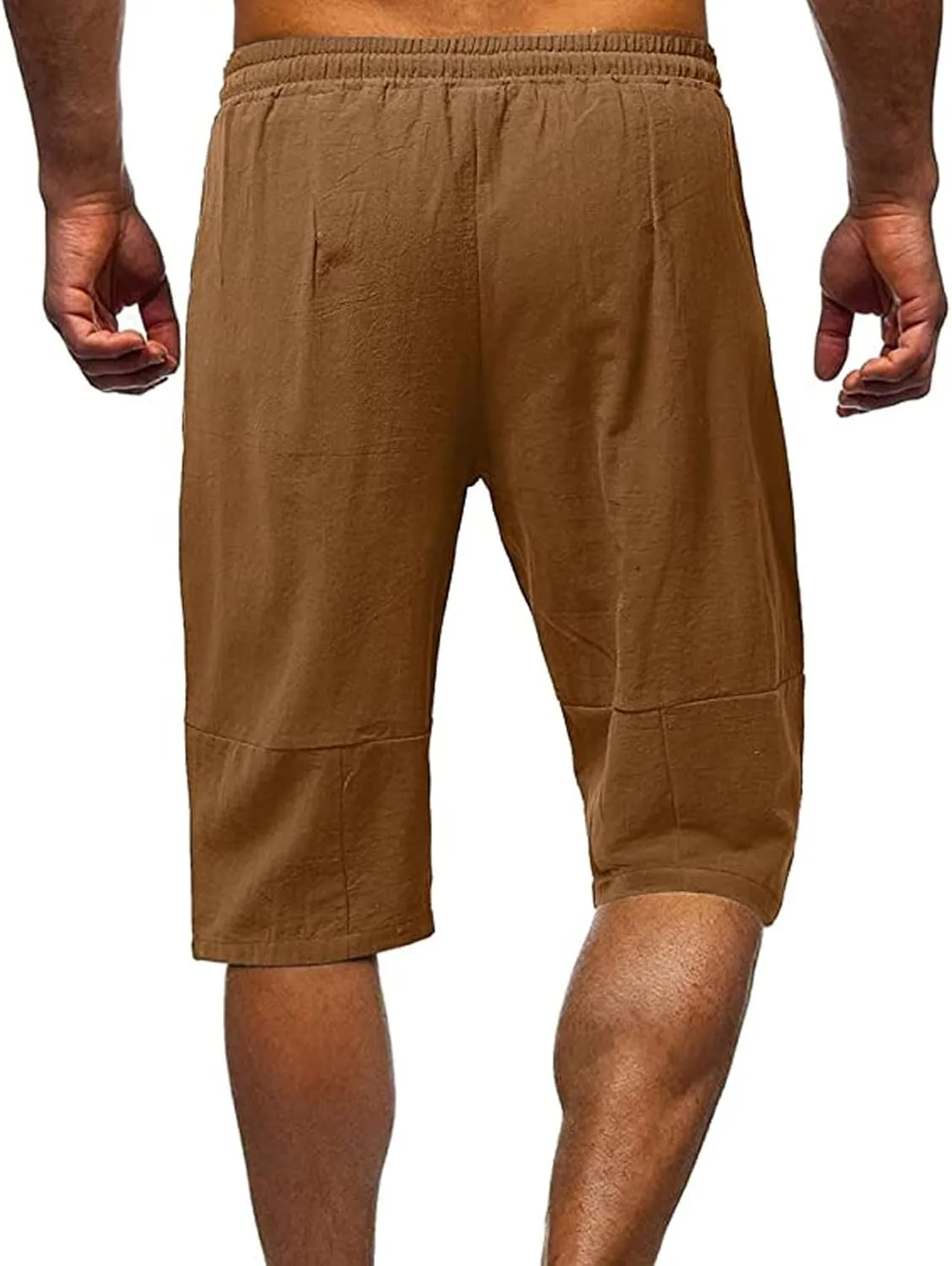 Linen Shorts for Men Baggy Summer Beach Shorts Drawstring Elastic Waist Short Pants Under Knee Length Casual Shorts