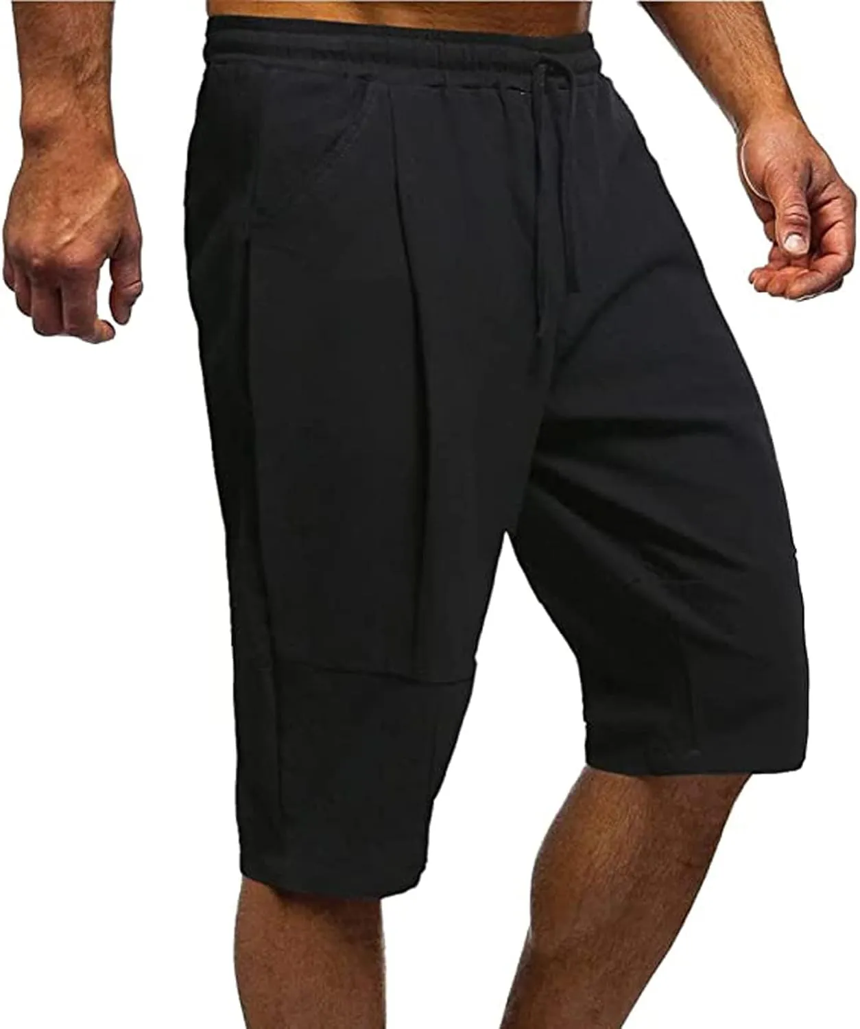 Linen Shorts for Men Baggy Summer Beach Shorts Drawstring Elastic Waist Short Pants Under Knee Length Casual Shorts
