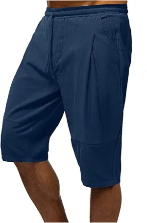 Linen Shorts for Men Baggy Summer Beach Shorts Drawstring Elastic Waist Short Pants Under Knee Length Casual Shorts
