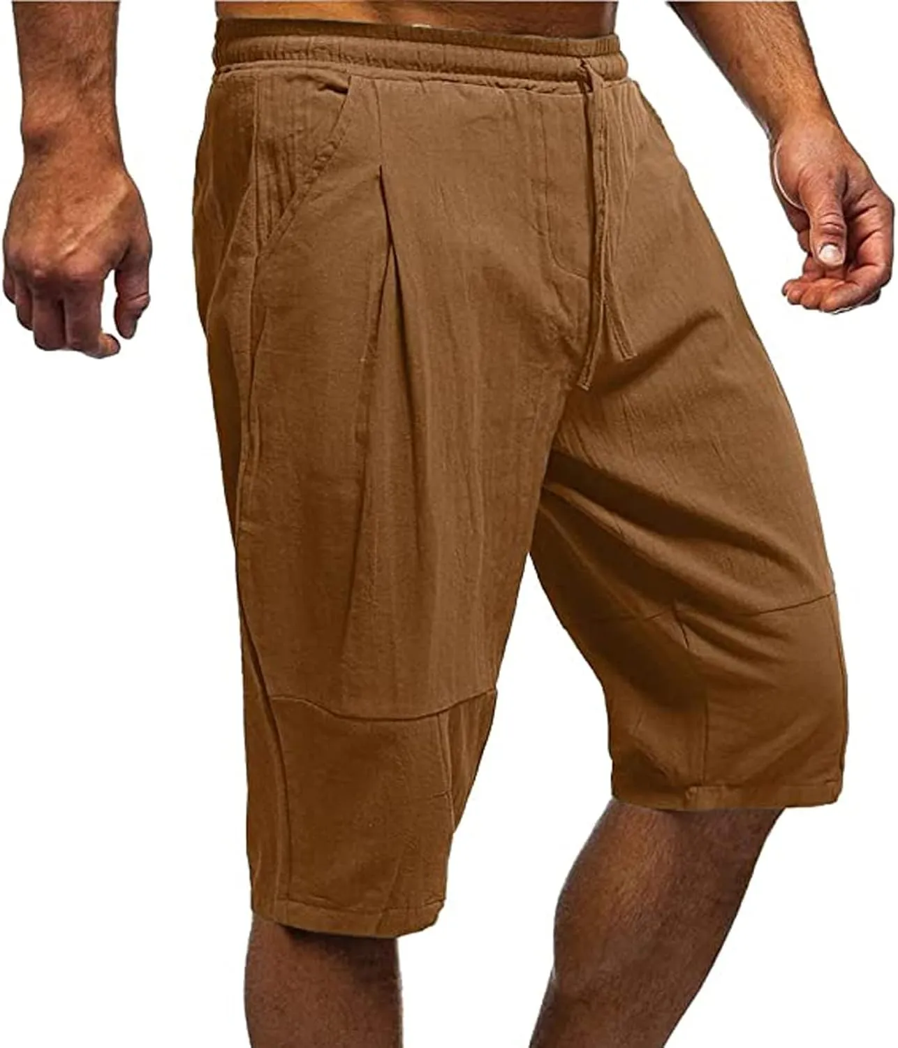 Linen Shorts for Men Baggy Summer Beach Shorts Drawstring Elastic Waist Short Pants Under Knee Length Casual Shorts