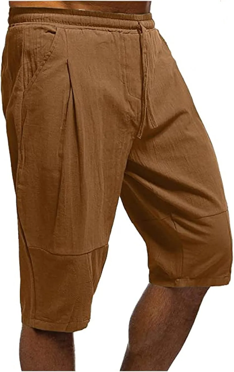 Linen Shorts for Men Baggy Summer Beach Shorts Drawstring Elastic Waist Short Pants Under Knee Length Casual Shorts