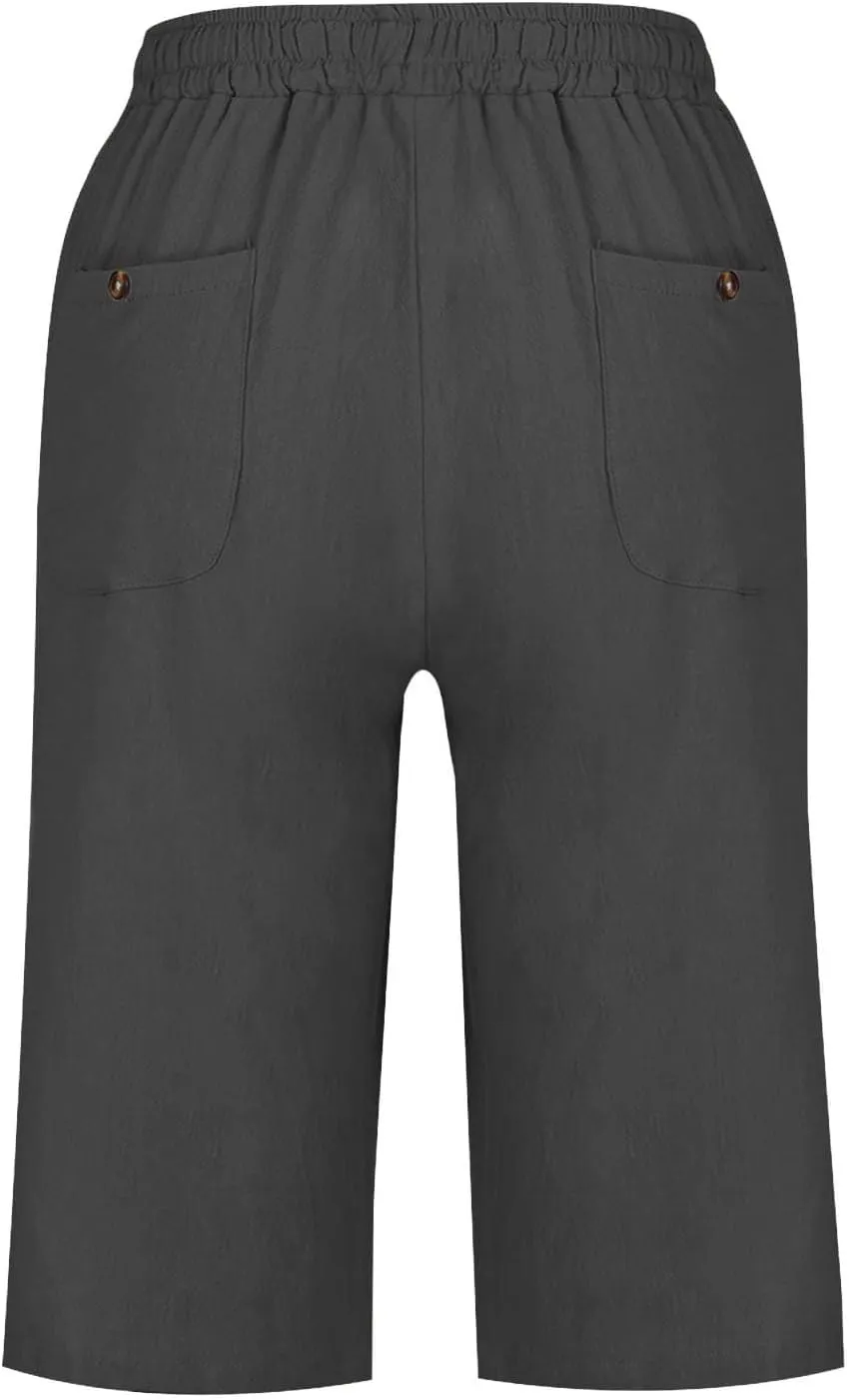 Linen Shorts for Women 2025 Summer Cotton Linen Bermuda Shorts Side Hollow Out Knee Length Beach Shorts with Pocket