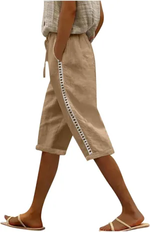 Linen Shorts for Women 2025 Summer Cotton Linen Bermuda Shorts Side Hollow Out Knee Length Beach Shorts with Pocket