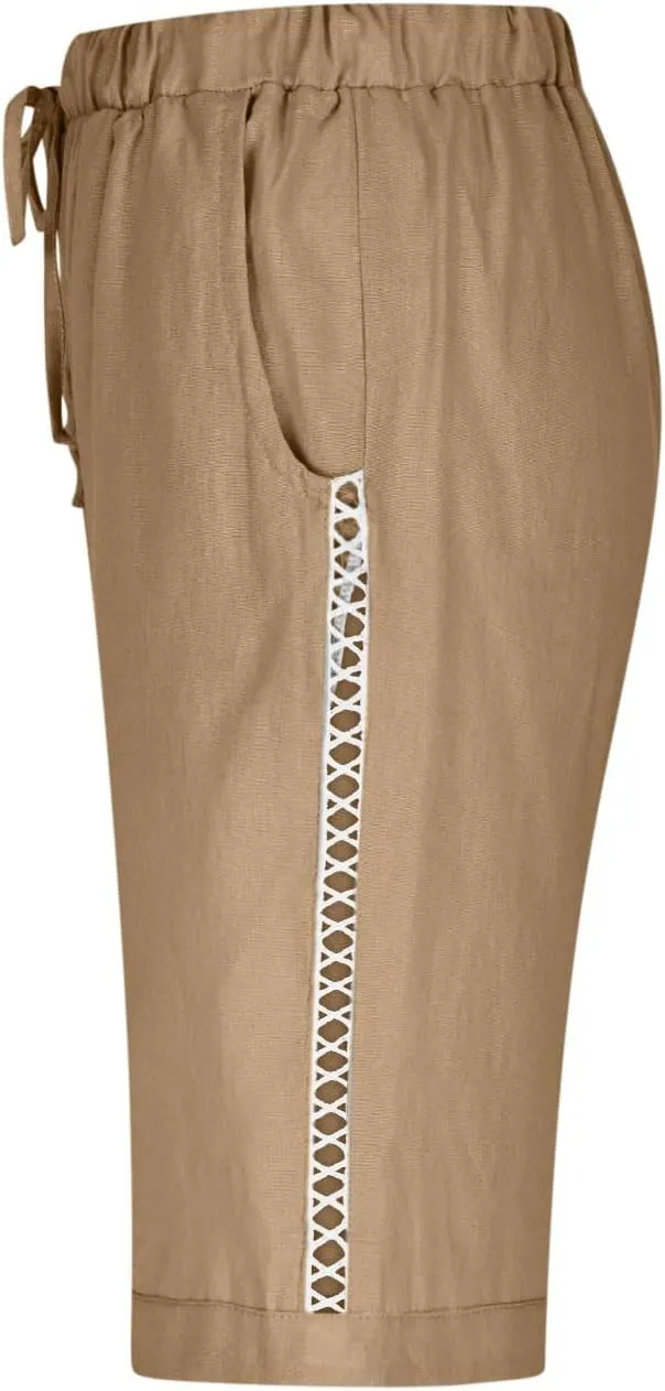 Linen Shorts for Women 2025 Summer Cotton Linen Bermuda Shorts Side Hollow Out Knee Length Beach Shorts with Pocket