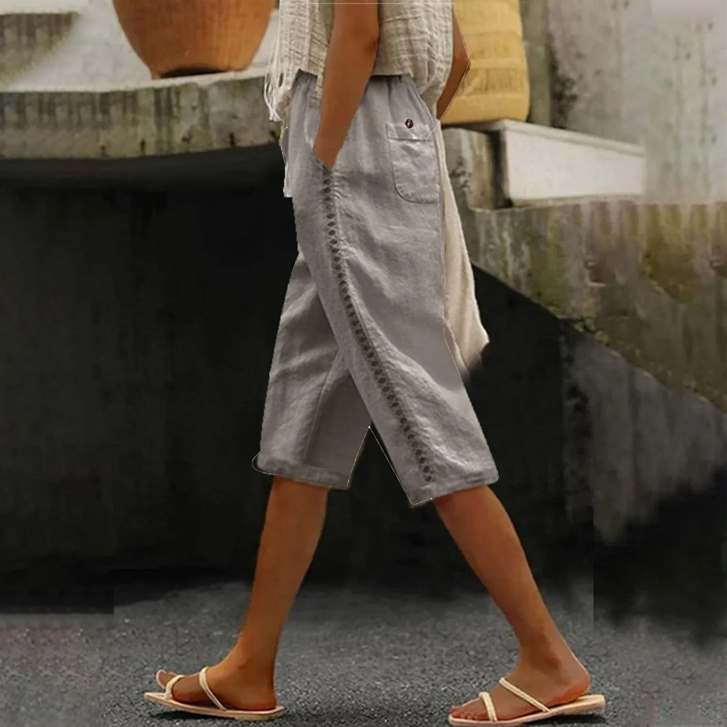 Linen Shorts for Women 2025 Summer Cotton Linen Bermuda Shorts Side Hollow Out Knee Length Beach Shorts with Pocket