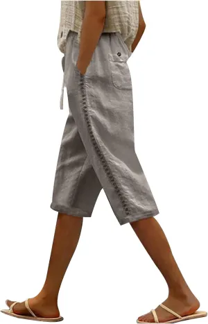 Linen Shorts for Women 2025 Summer Cotton Linen Bermuda Shorts Side Hollow Out Knee Length Beach Shorts with Pocket