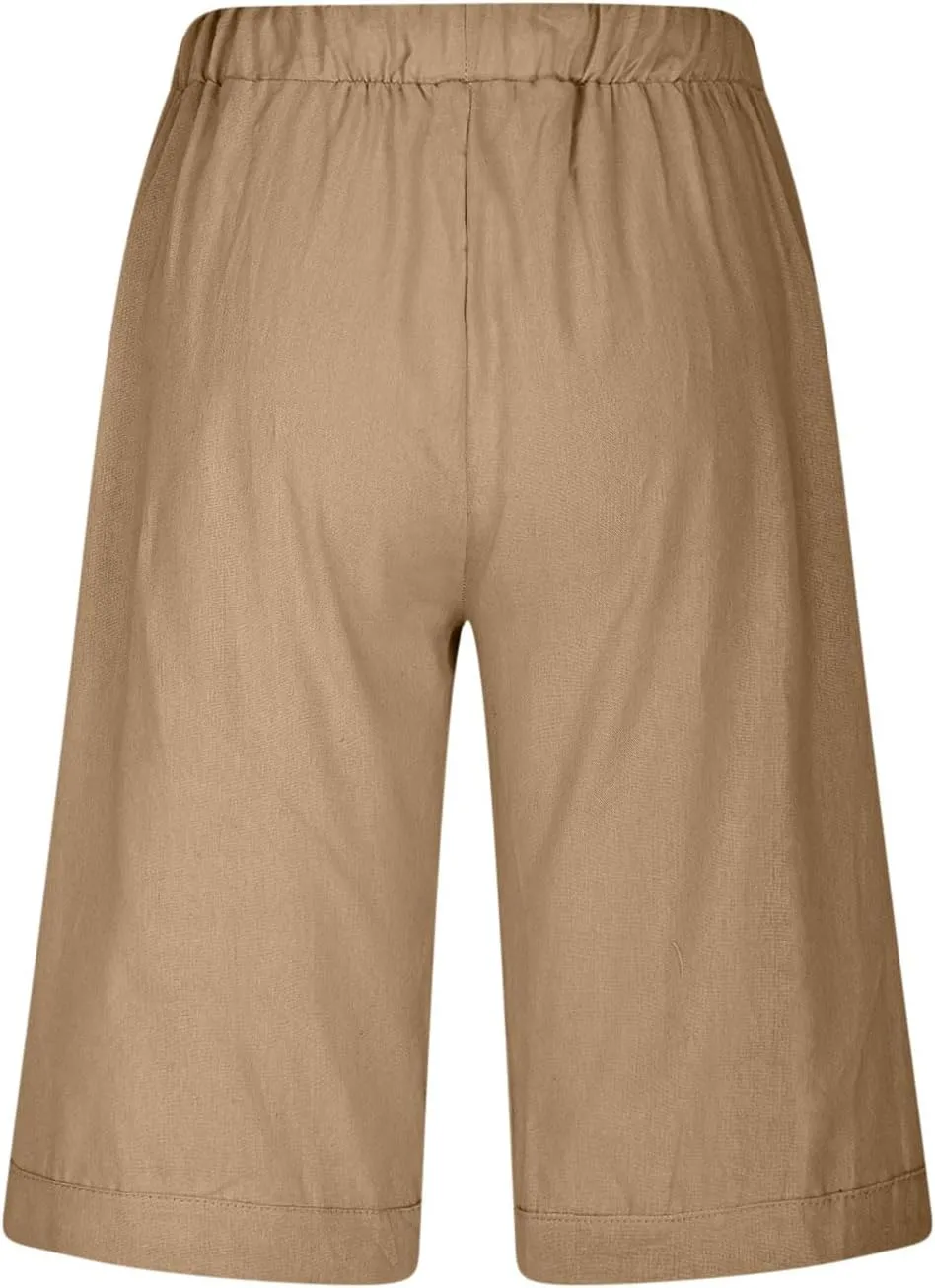 Linen Shorts for Women 2025 Summer Cotton Linen Bermuda Shorts Side Hollow Out Knee Length Beach Shorts with Pocket