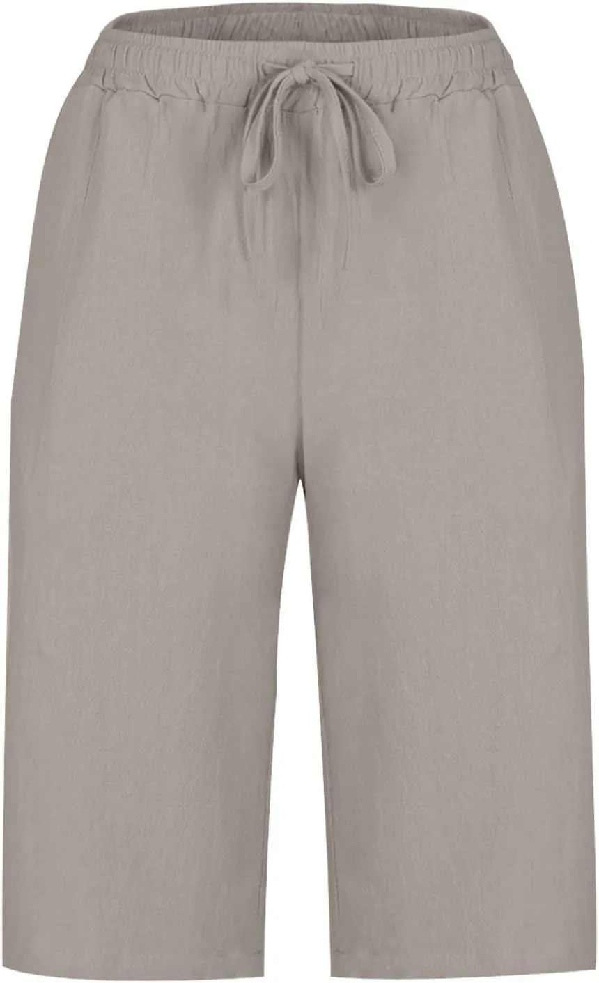 Linen Shorts for Women 2025 Summer Cotton Linen Bermuda Shorts Side Hollow Out Knee Length Beach Shorts with Pocket