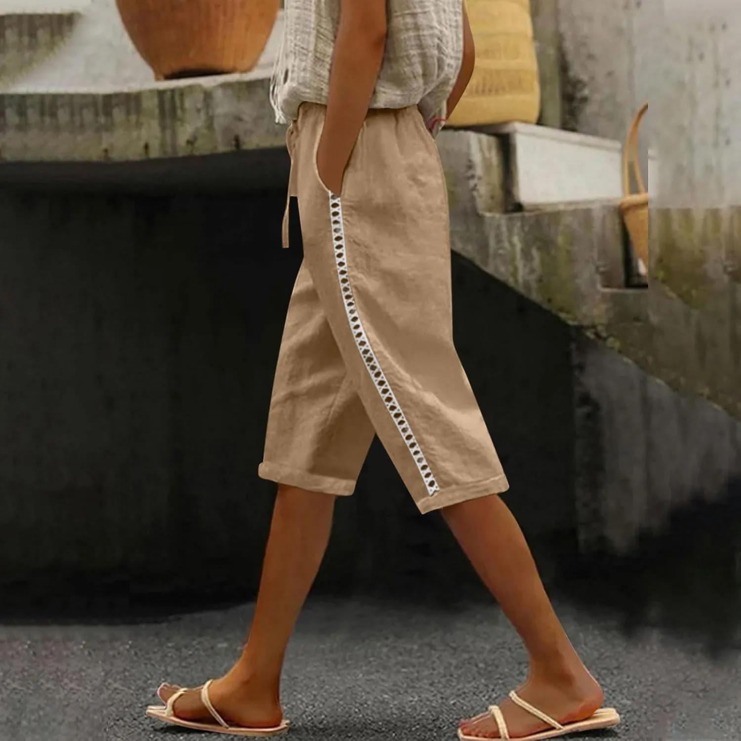 Linen Shorts for Women 2025 Summer Cotton Linen Bermuda Shorts Side Hollow Out Knee Length Beach Shorts with Pocket