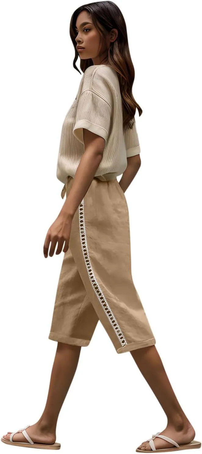 Linen Shorts for Women 2025 Summer Cotton Linen Bermuda Shorts Side Hollow Out Knee Length Beach Shorts with Pocket