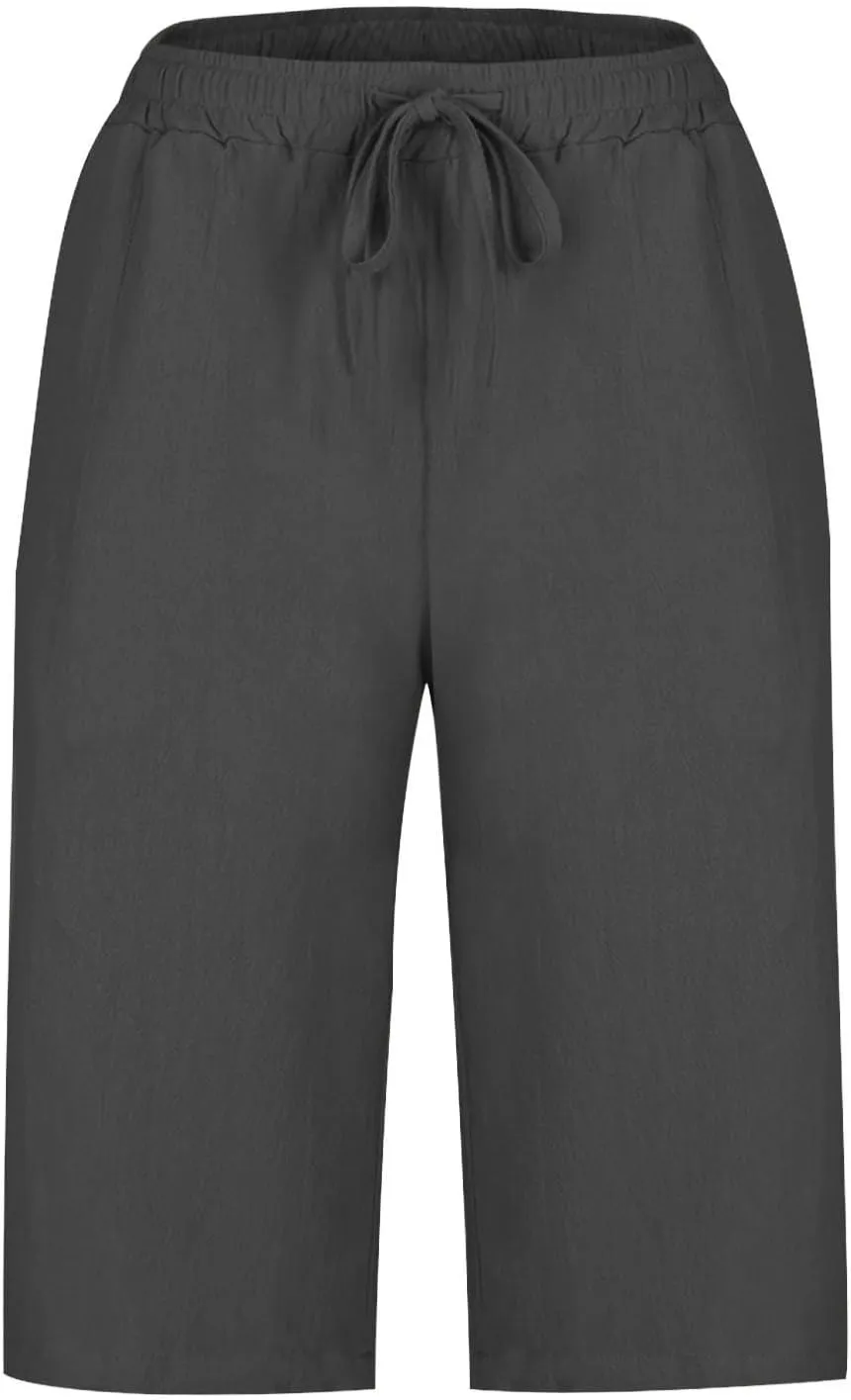 Linen Shorts for Women 2025 Summer Cotton Linen Bermuda Shorts Side Hollow Out Knee Length Beach Shorts with Pocket