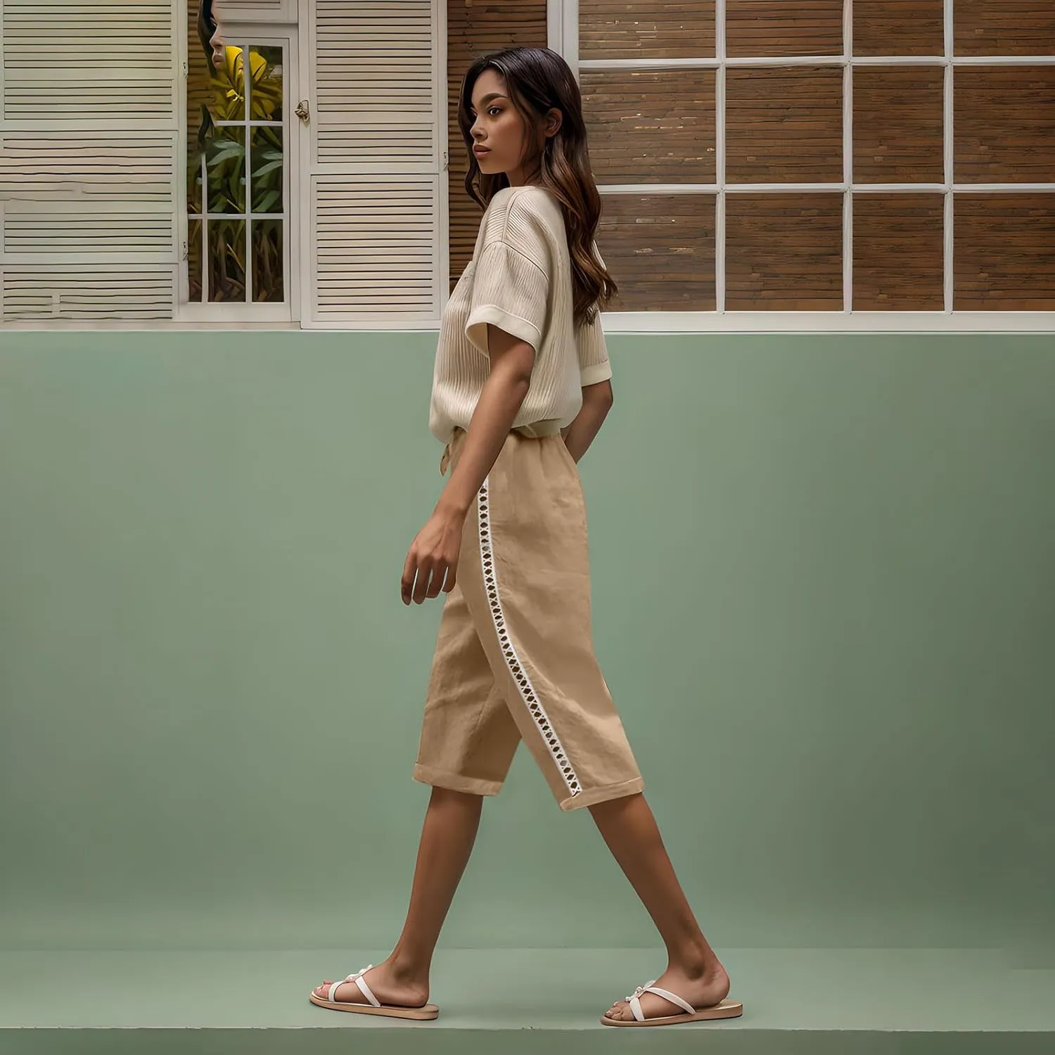 Linen Shorts for Women 2025 Summer Cotton Linen Bermuda Shorts Side Hollow Out Knee Length Beach Shorts with Pocket