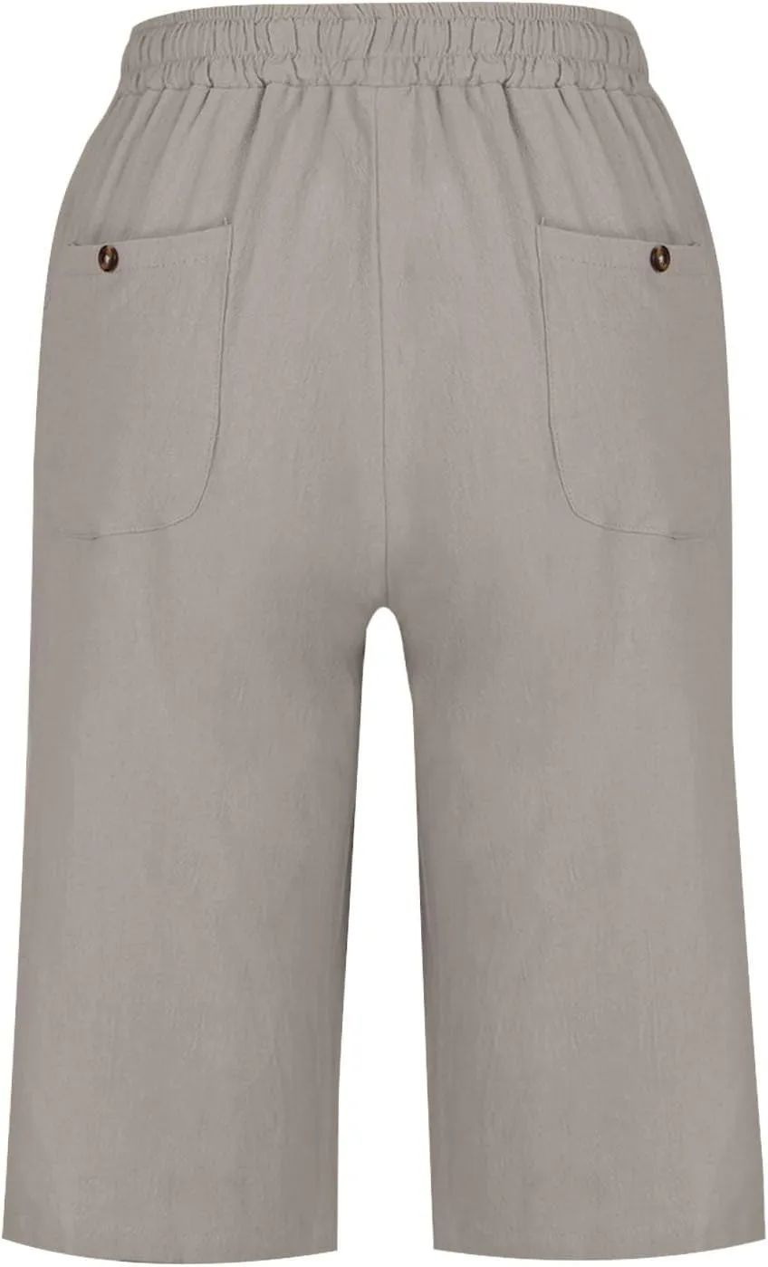 Linen Shorts for Women 2025 Summer Cotton Linen Bermuda Shorts Side Hollow Out Knee Length Beach Shorts with Pocket