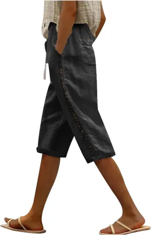 Linen Shorts for Women 2025 Summer Cotton Linen Bermuda Shorts Side Hollow Out Knee Length Beach Shorts with Pocket