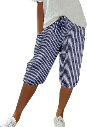 Linen Shorts for Women Knee Length 2025 Striped Bermuda Shorts Summer Casual Elastic Waisted Shorts with Pockets