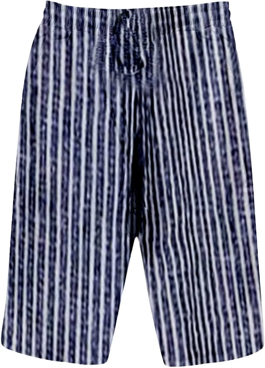 Linen Shorts for Women Knee Length 2025 Striped Bermuda Shorts Summer Casual Elastic Waisted Shorts with Pockets