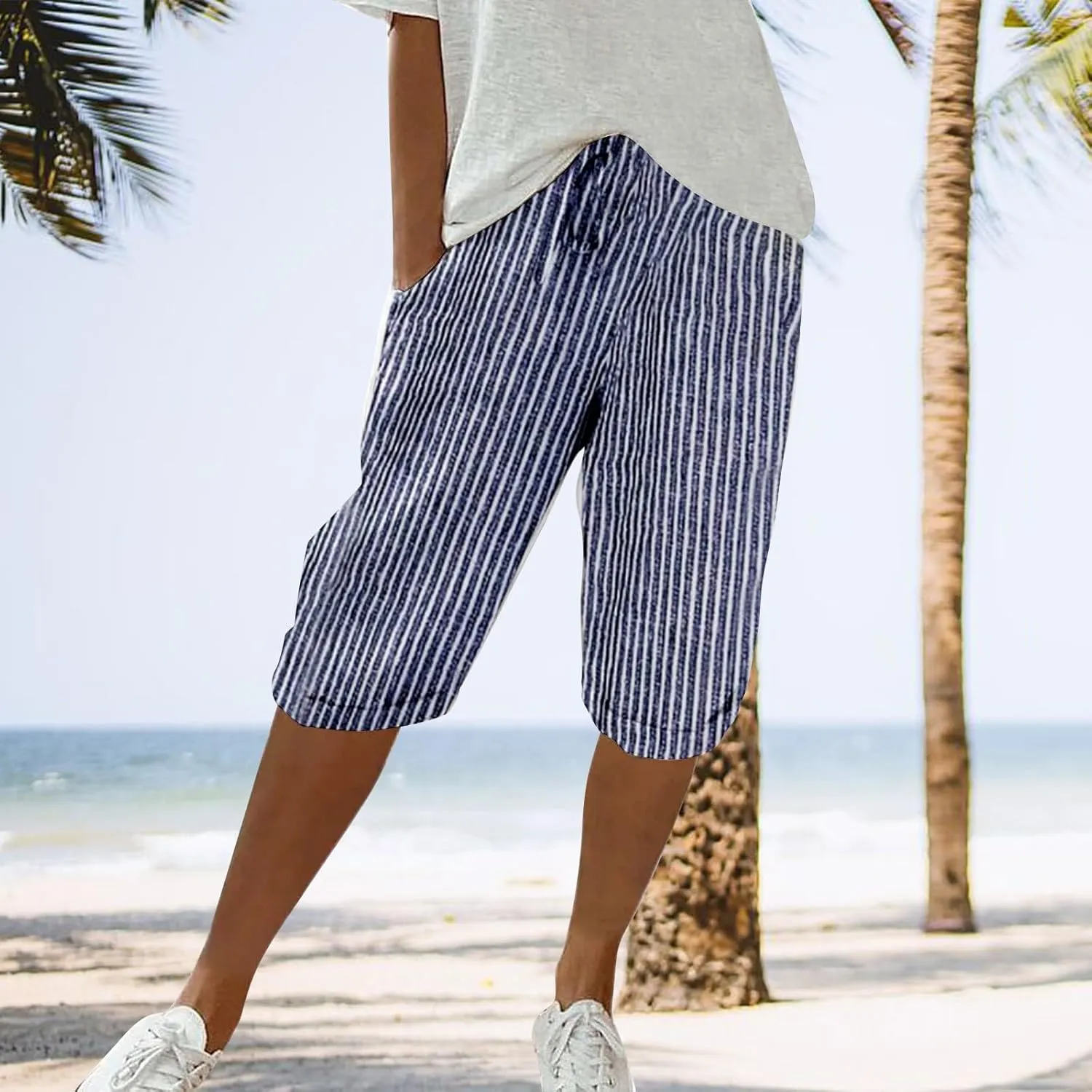 Linen Shorts for Women Knee Length 2025 Striped Bermuda Shorts Summer Casual Elastic Waisted Shorts with Pockets