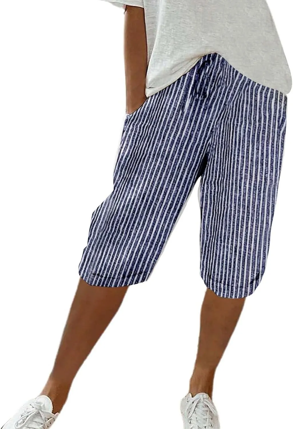 Linen Shorts for Women Knee Length 2025 Striped Bermuda Shorts Summer Casual Elastic Waisted Shorts with Pockets