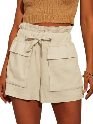 Linen Shorts for Women Ruffled High Waisted Shorts Casual Wide Leg Utility Shorts Summer Shorts with Pockets - Light Yellow XS