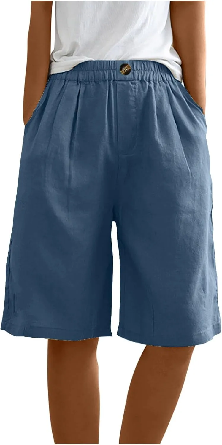 Linen Shorts for Women Wide Leg Knee Length Summer Casual Long Shorts High Waisted Bermuda Shorts with Pocket