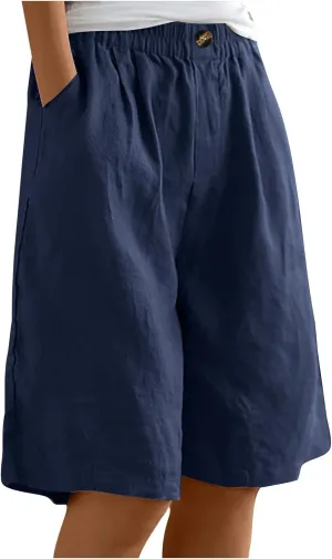 Linen Shorts for Women Wide Leg Knee Length Summer Casual Long Shorts High Waisted Bermuda Shorts with Pocket
